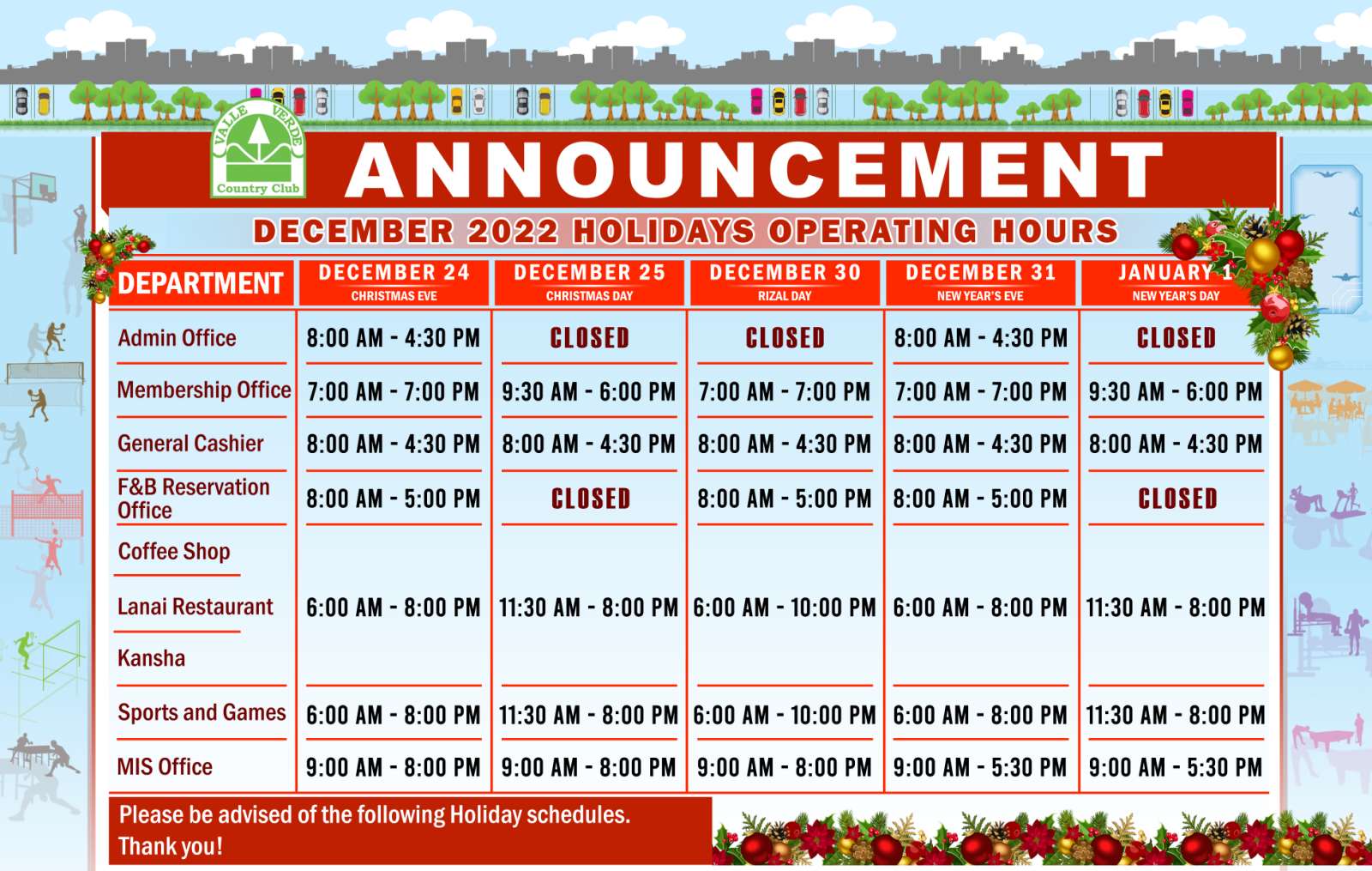 holiday schedule 2022 Valle Verde Country Club, Inc.